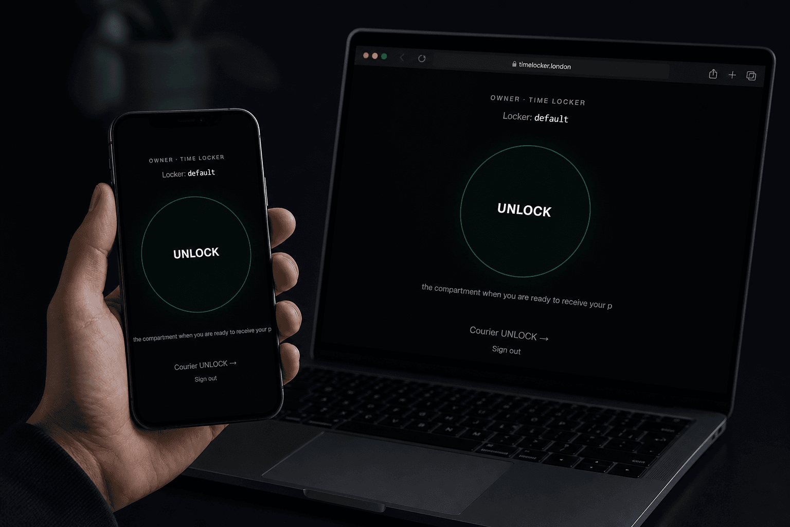 Time Locker aplikacija na mobitelu i desktopu — owner unlock zaslon s autorizacijom pretinca