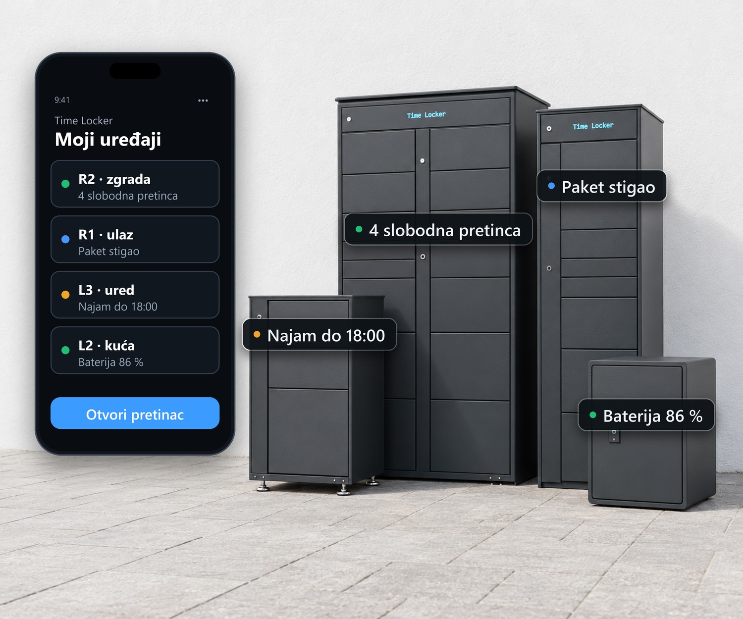 Svi Time Locker modeli (R2, R1, L3, L2) i aplikacija s popisom uređaja