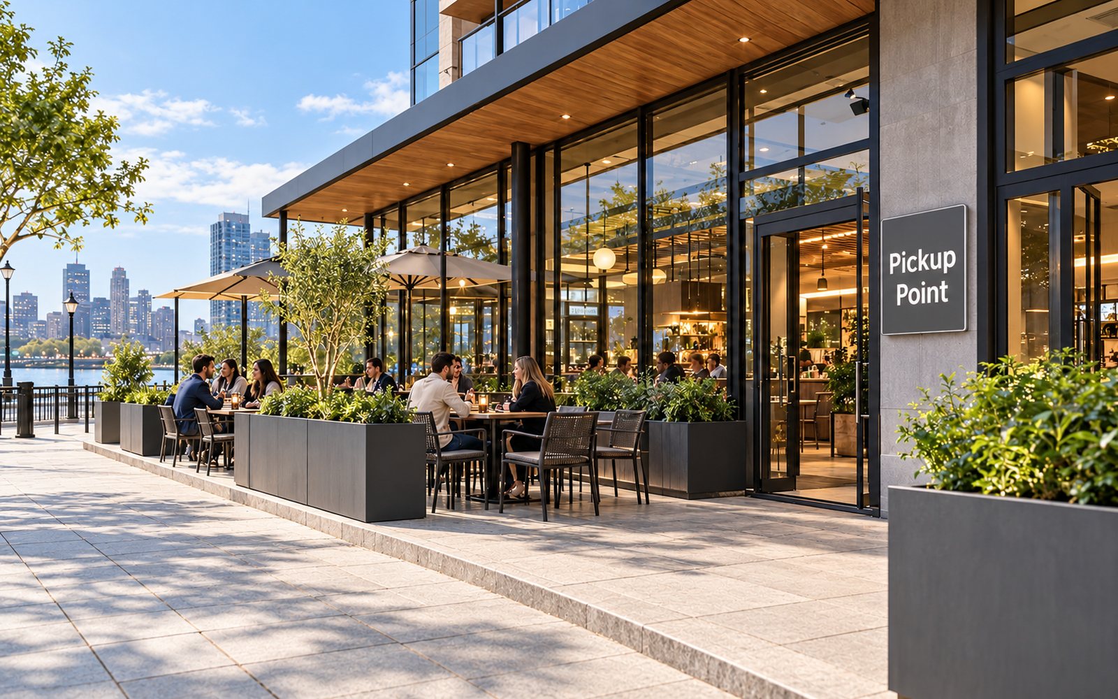 Pickup Point uz restoran: terasa i ulaz s natpisom Pickup Point