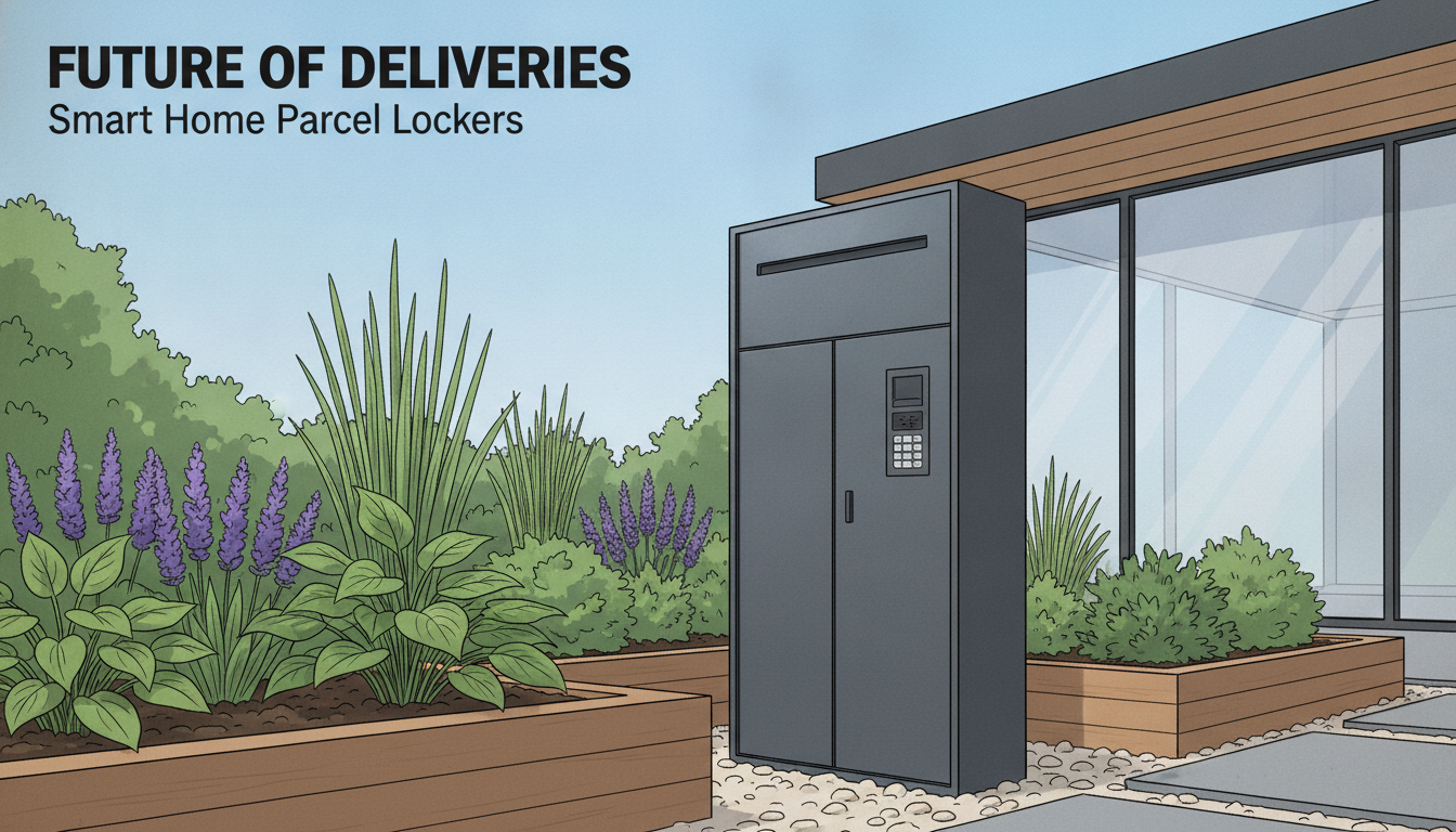 A close-up of a sleek, modern, graphite gray home parcel locker installed next to a beautiful contemporary home garden, bright daylight