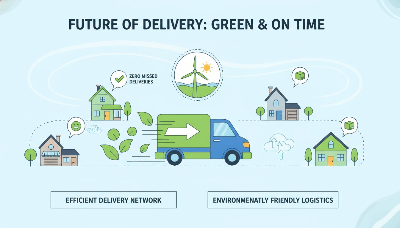 An infographic-style illustration of a delivery van moving efficiently from house to house with zero missed deliveries, showing green leaves and clean air symbols