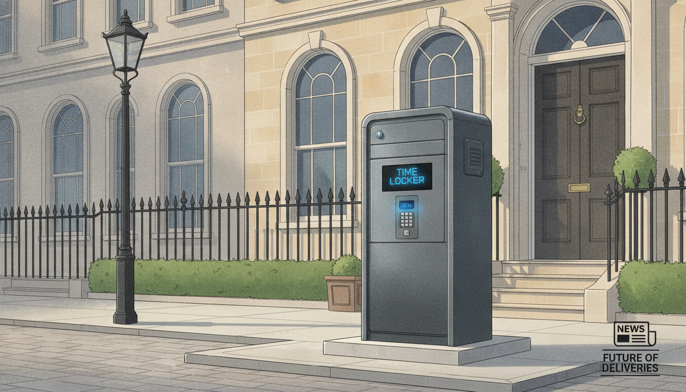 A premium Time Locker parcel box in front of an elegant London townhouse, showing clean architectural lines and high-quality materials