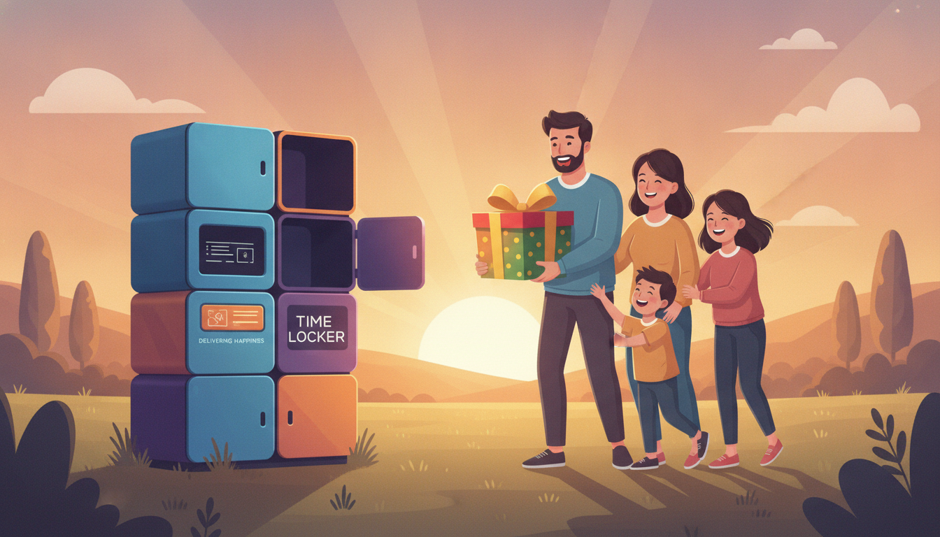 A happy family retrieving a colorful gift package from their Time Locker parcel box during sunset, smiling and relaxed