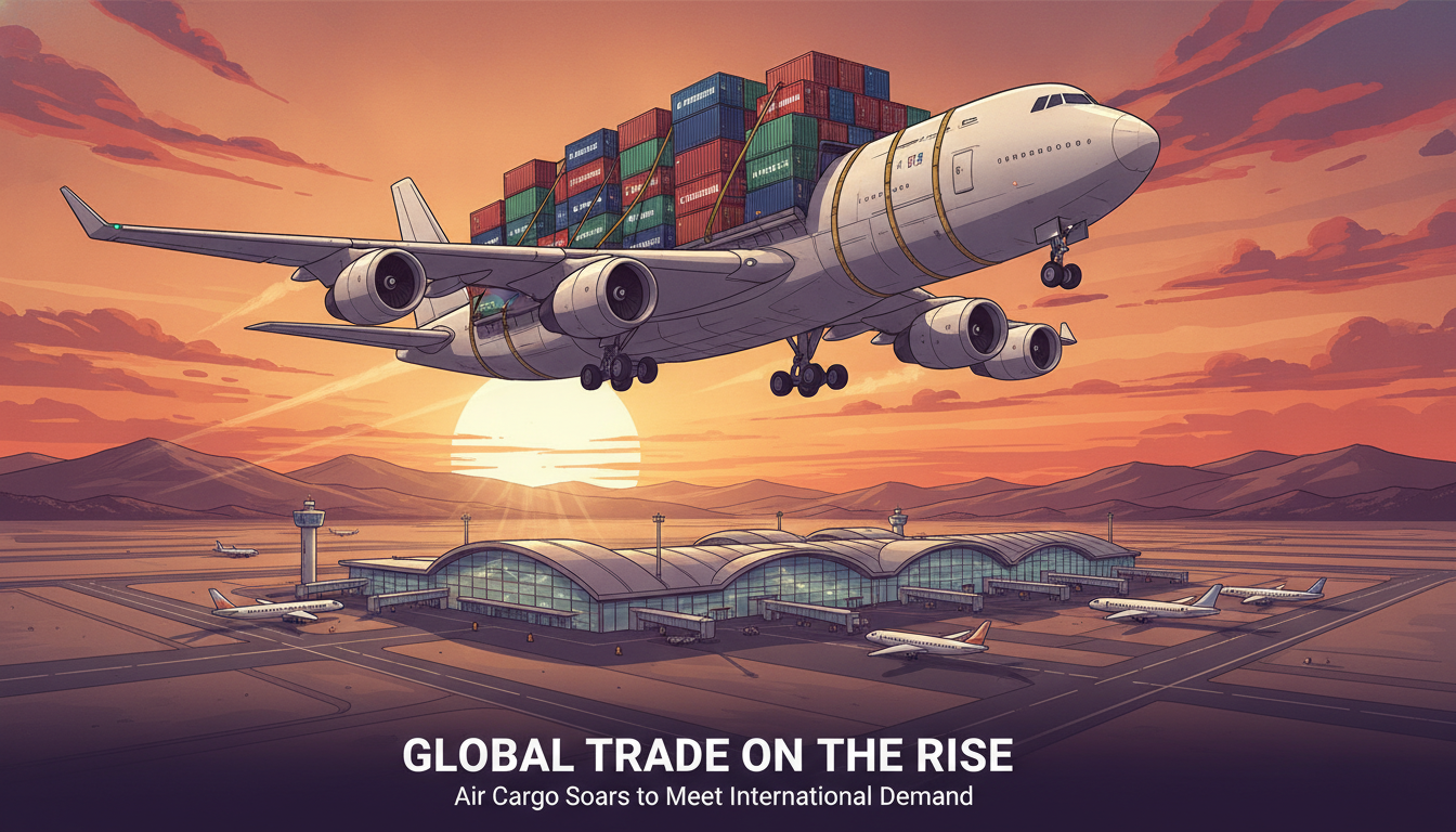 A giant cargo airplane taking off from a modern airport during sunset, carrying international shipping containers.