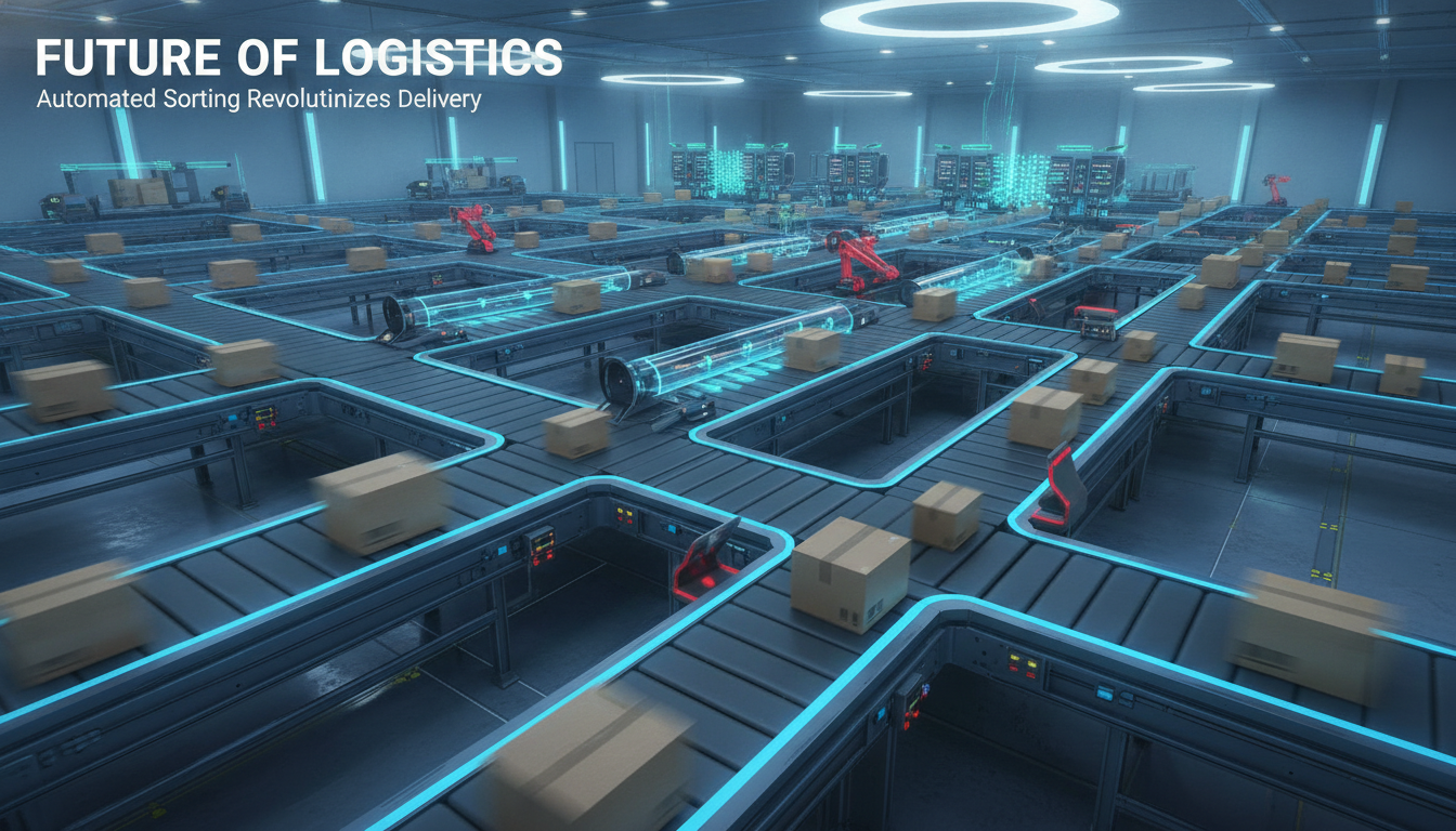 High-tech automated conveyor belt system in a modern sorting facility with glowing barcode scanners and packages moving fast.