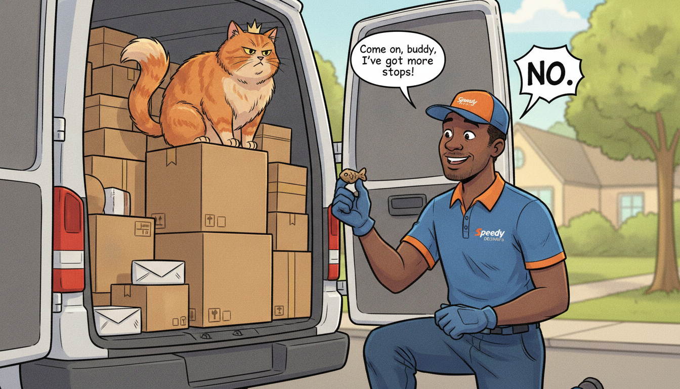 A friendly delivery driver trying to negotiate with a stubborn, fluffy ginger cat sitting inside his delivery van directly on top of a pile of cardboard boxes. Warm, comic-book aesthetic.