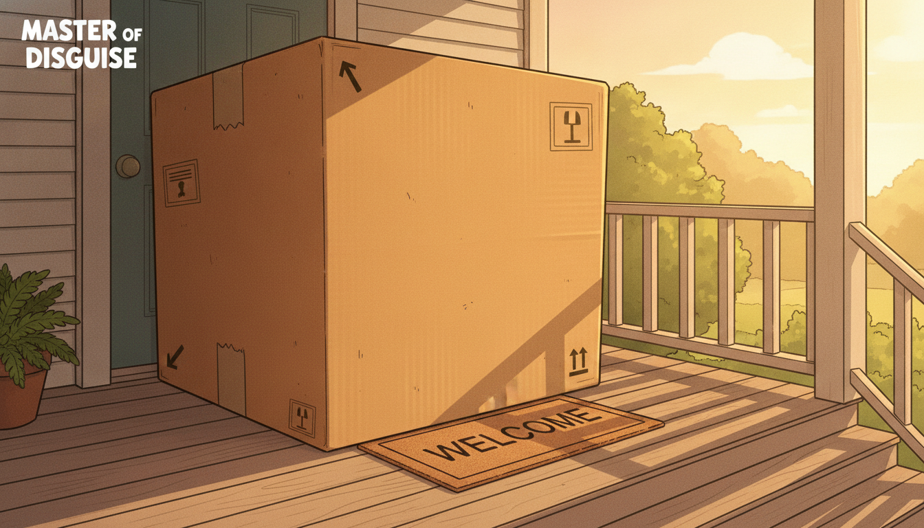 A huge cardboard box sitting on a front porch, funny because it is