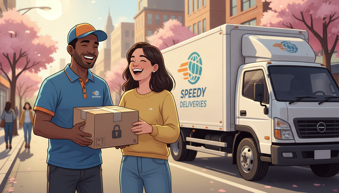 A smiling delivery courier and a happy customer sharing a laugh on a sunny street next to a delivery truck, holding a safe cardboard parcel. Empathic and warm feel.