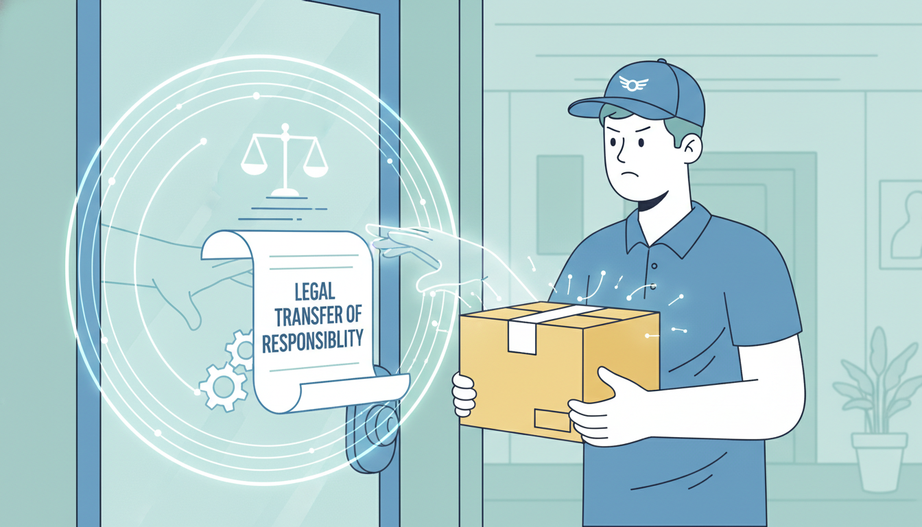 A delivery worker holding a package, looking at a closed apartment door, illustrative of the legal transfer of responsibility