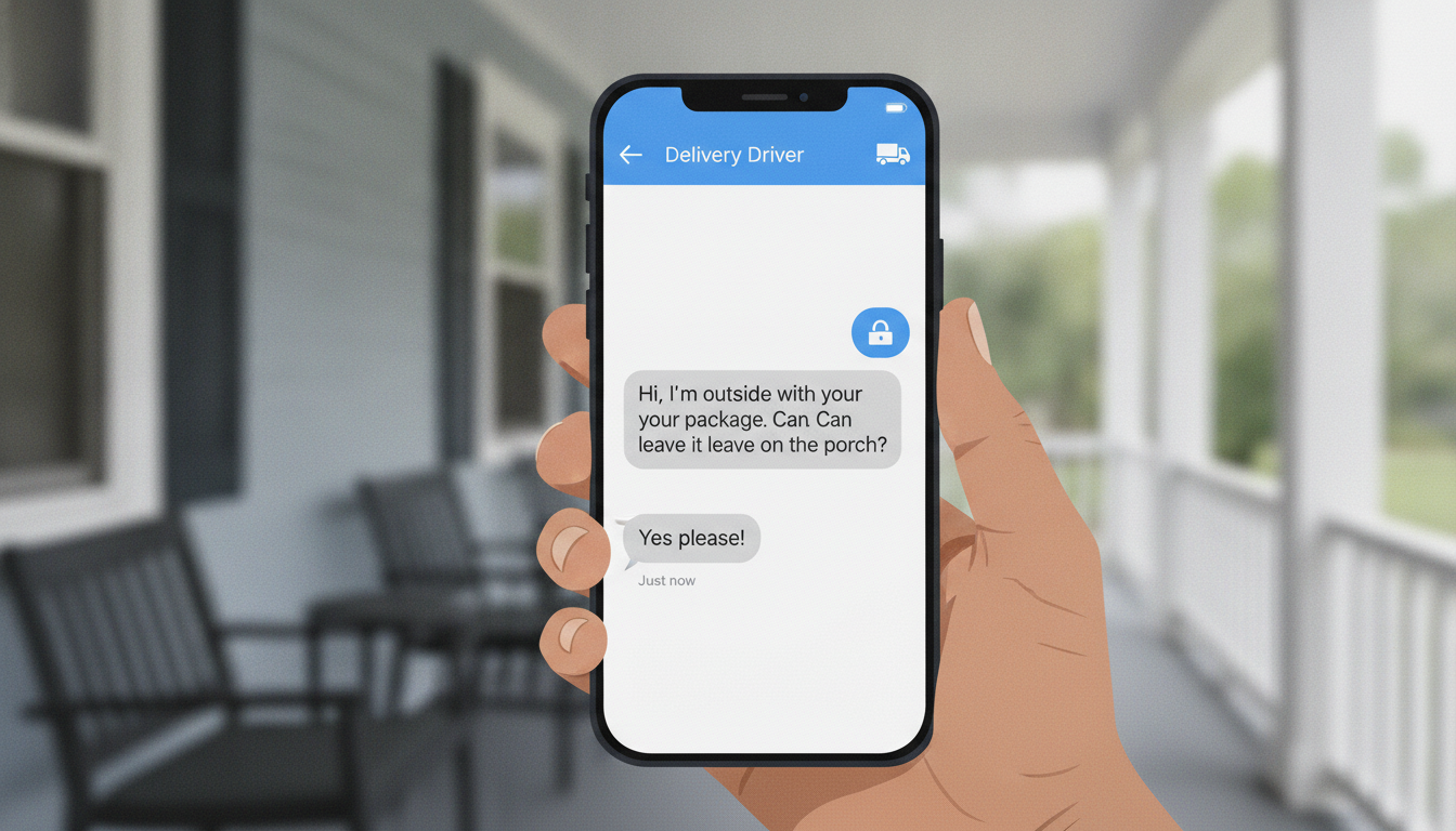 A smartphone screen showing a text message conversation with a delivery driver asking to leave a package on the porch, and a reply saying 'yes please'