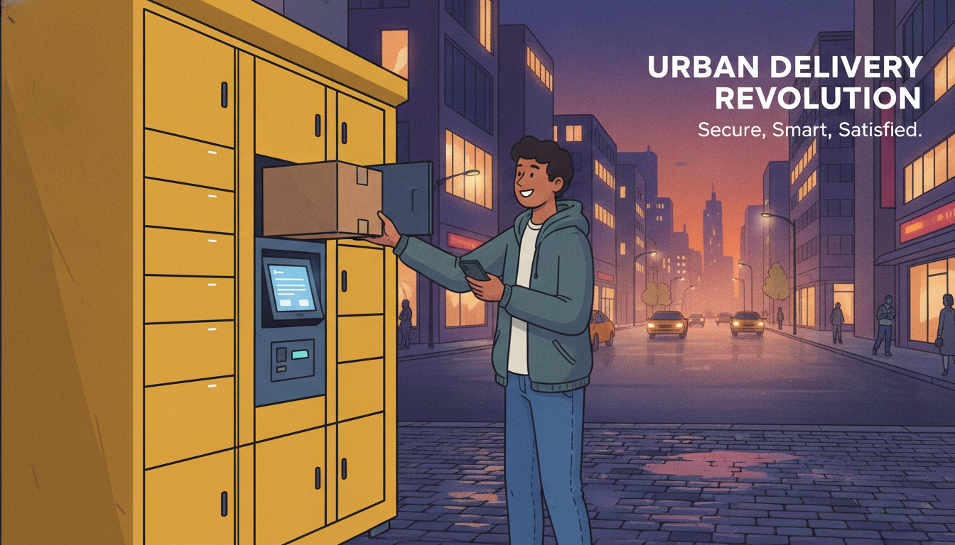 A person happily retrieving a parcel from a secure yellow parcel locker terminal in the city during evening