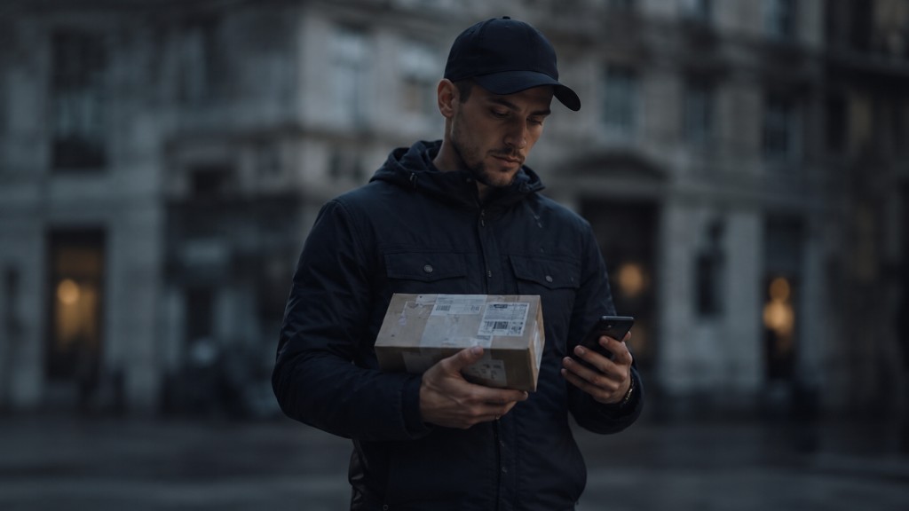 Problem urbanih dostava — kurir noću s paketom i mobitelom