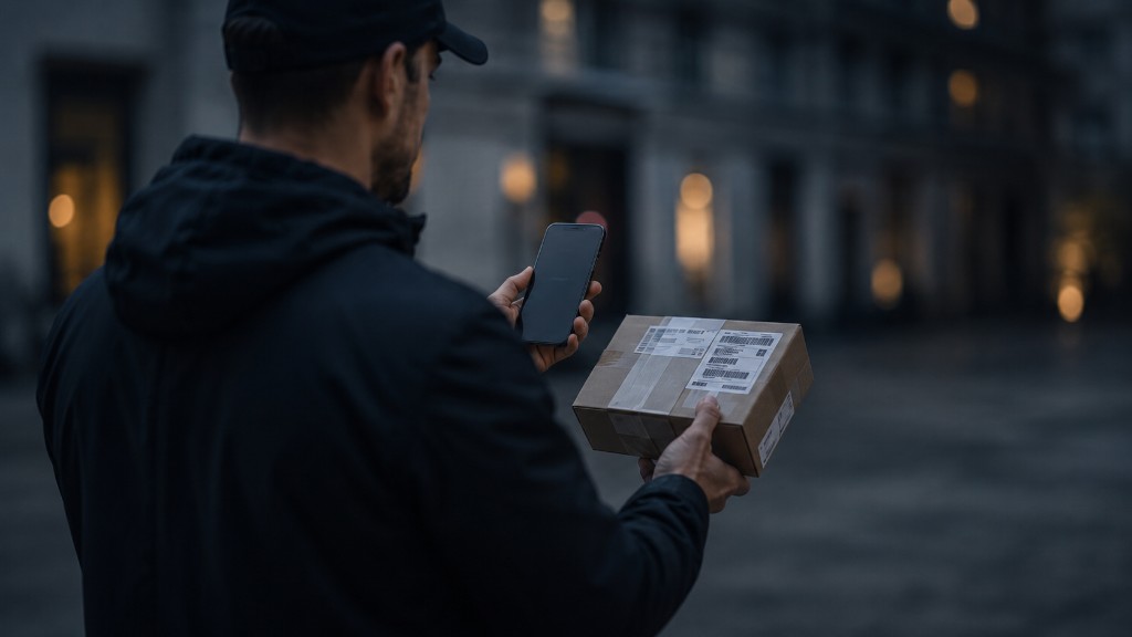 Kurir na noćnoj ruti s paketom i mobitelom