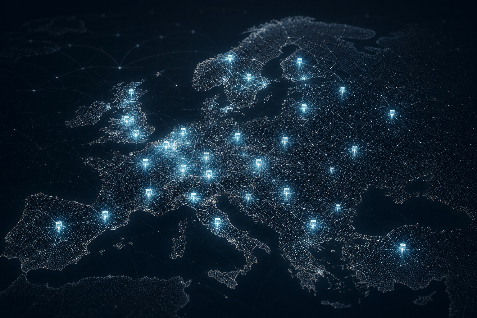 Točkasta karta grada sa svjetlećim terminalima koji se šire kroz četvrti — decentralizirano skaliranje mreže